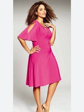 Ashley Graham Hot Pink Cold-Shoulder Midi Dress
